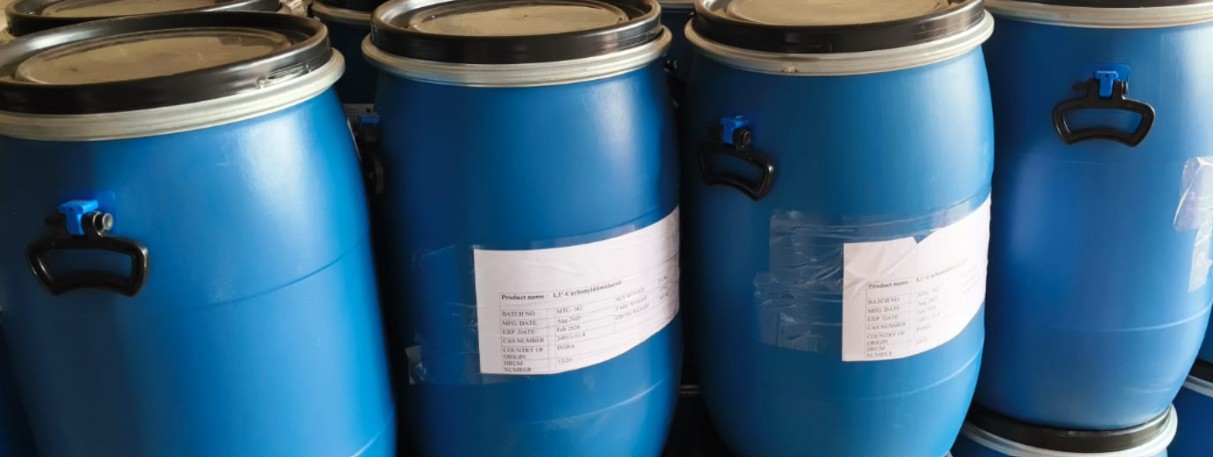 CDI export packing in sealed blue HDPE drums with batch labels